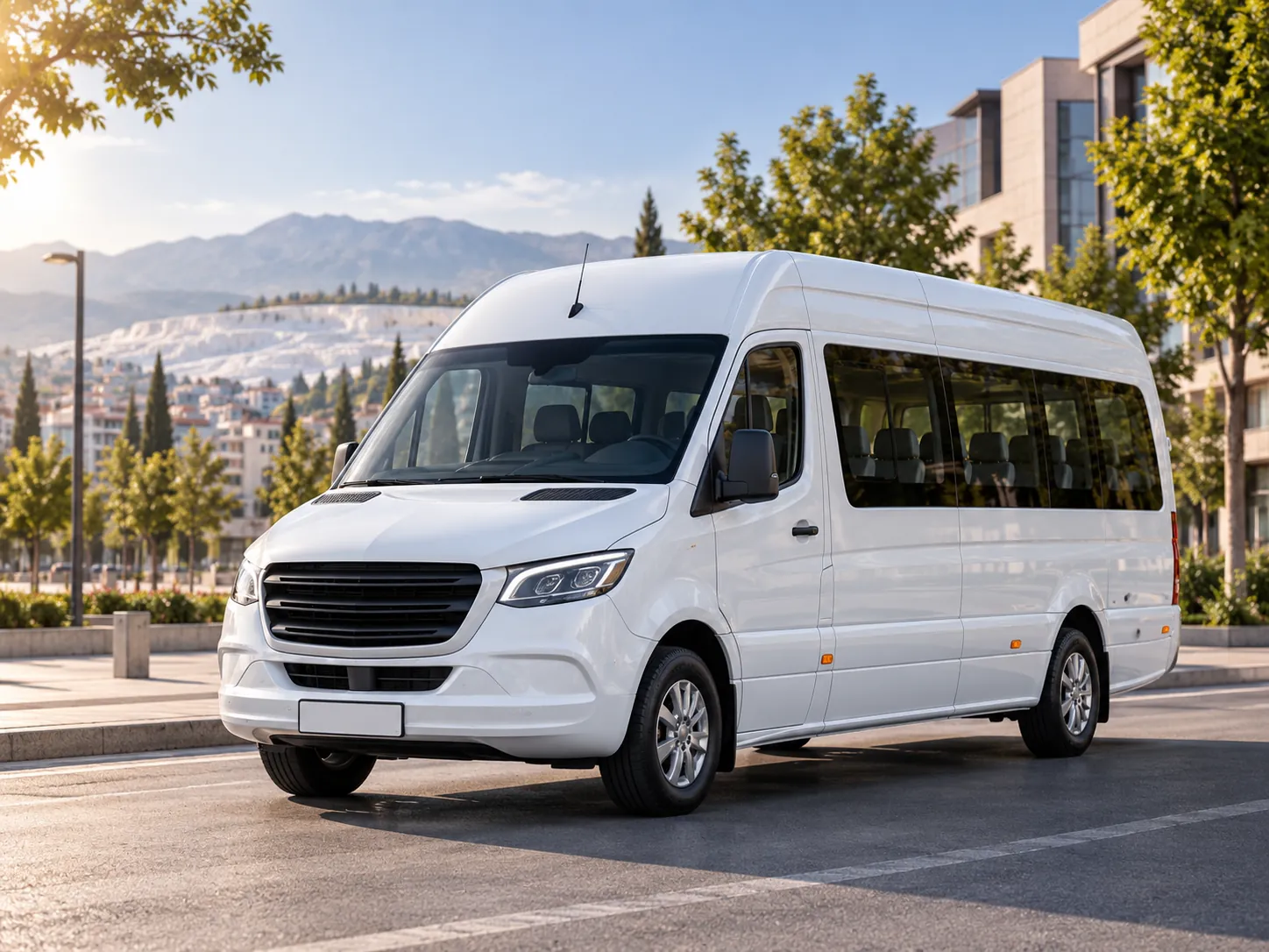Beyaz Mercedes-Benz Sprinter yolcu aracı